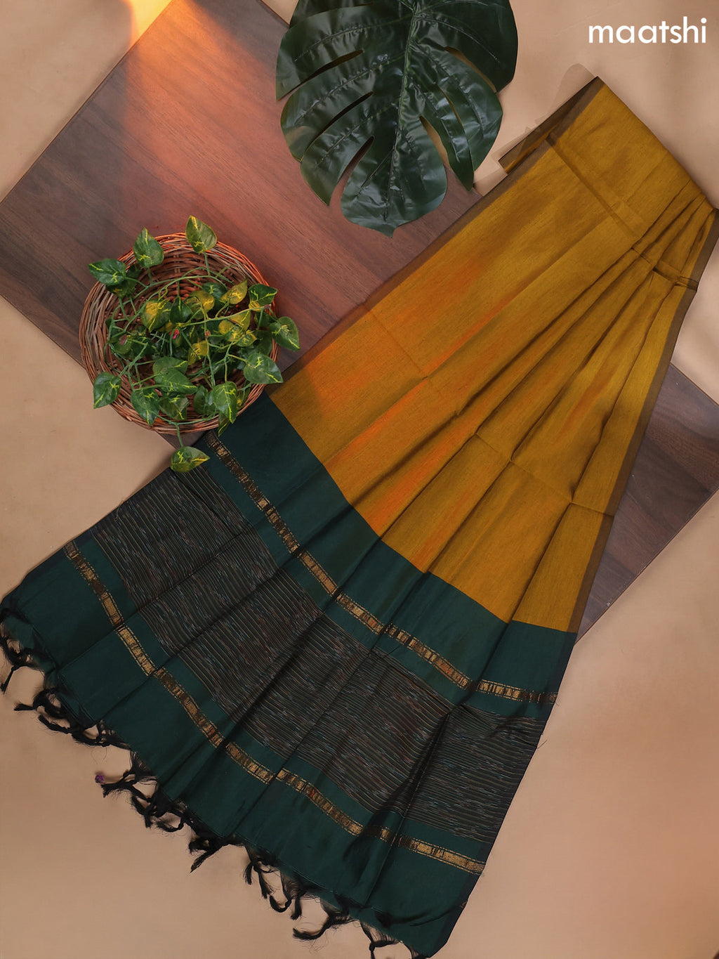 Green and Mustard Yellow Ikat Dress Material With Ikat Weaves