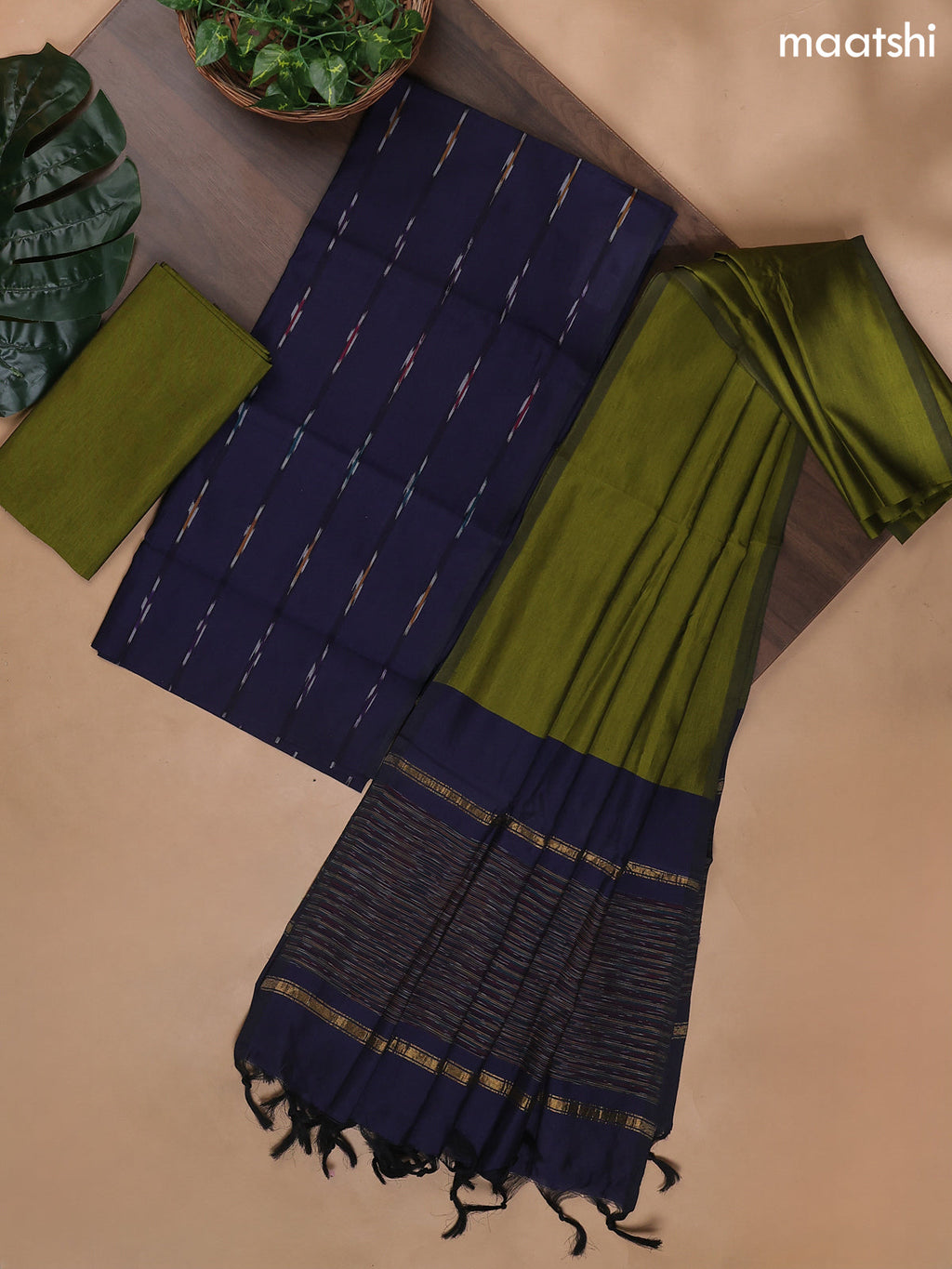Navy Blue and Mehendi Green Ikat Dress Material With Ikat Weaves