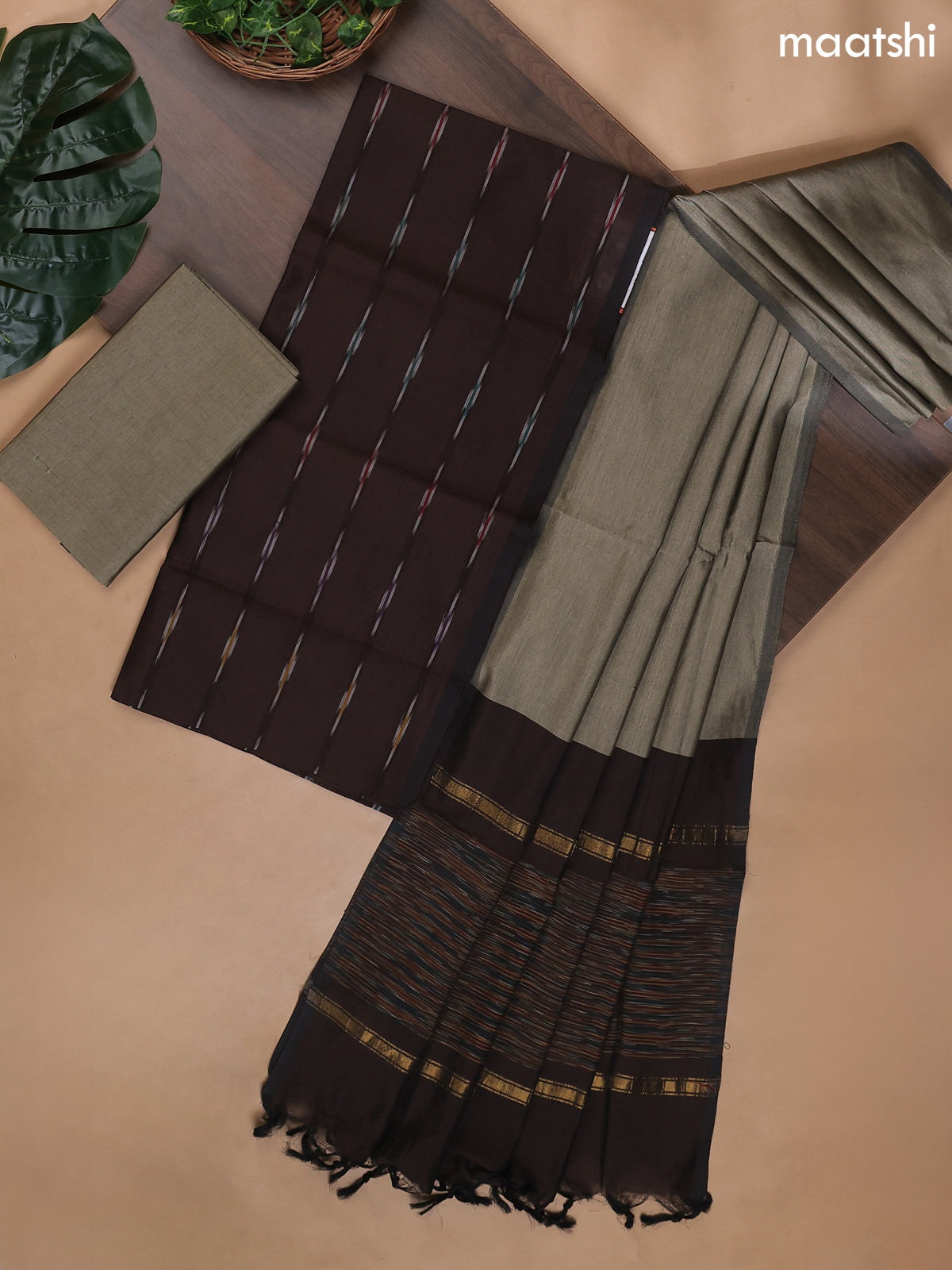 Deep Coffee Brown and Dark Beige Ikat Dress Material With Ikat Weaves