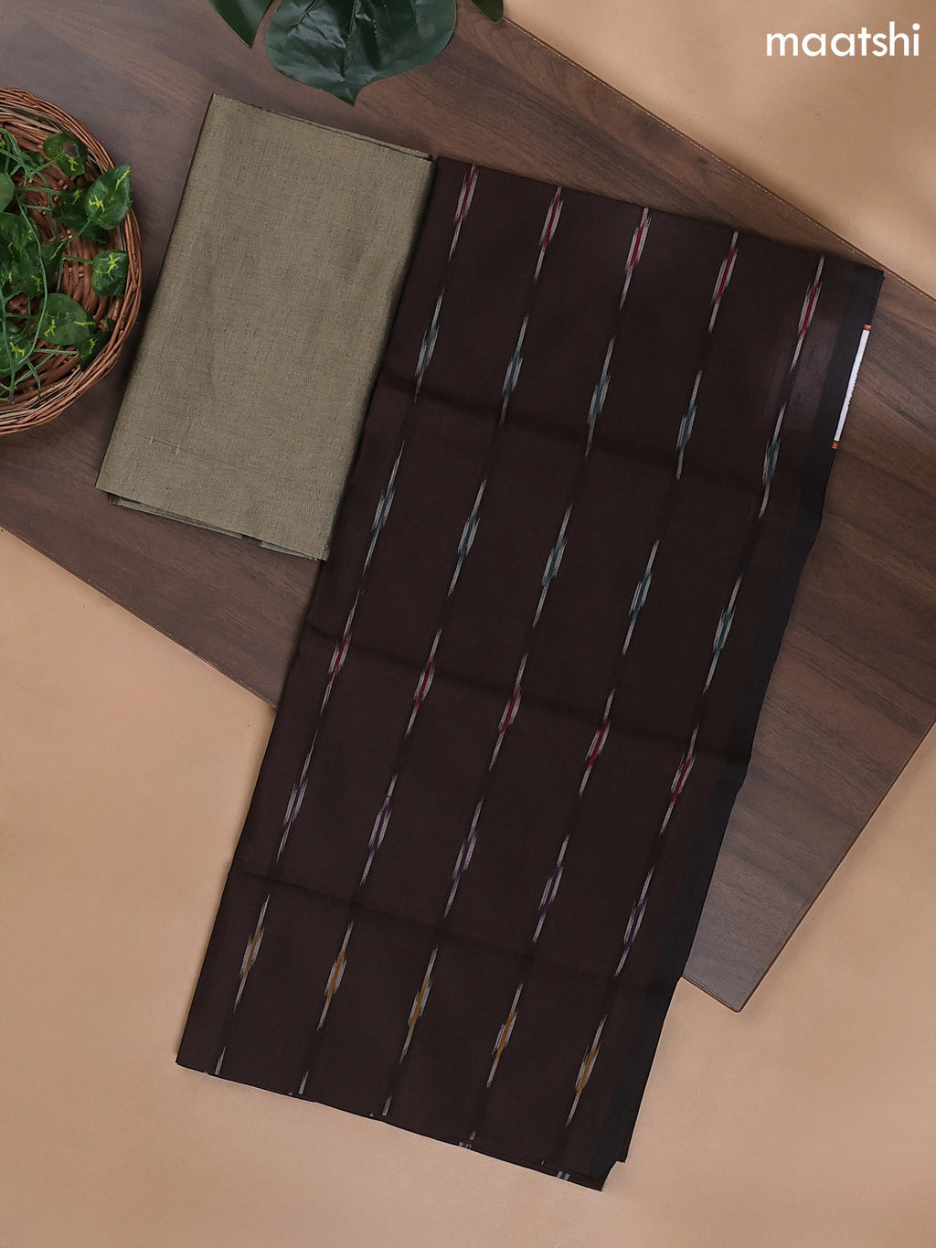Deep Coffee Brown and Dark Beige Ikat Dress Material With Ikat Weaves