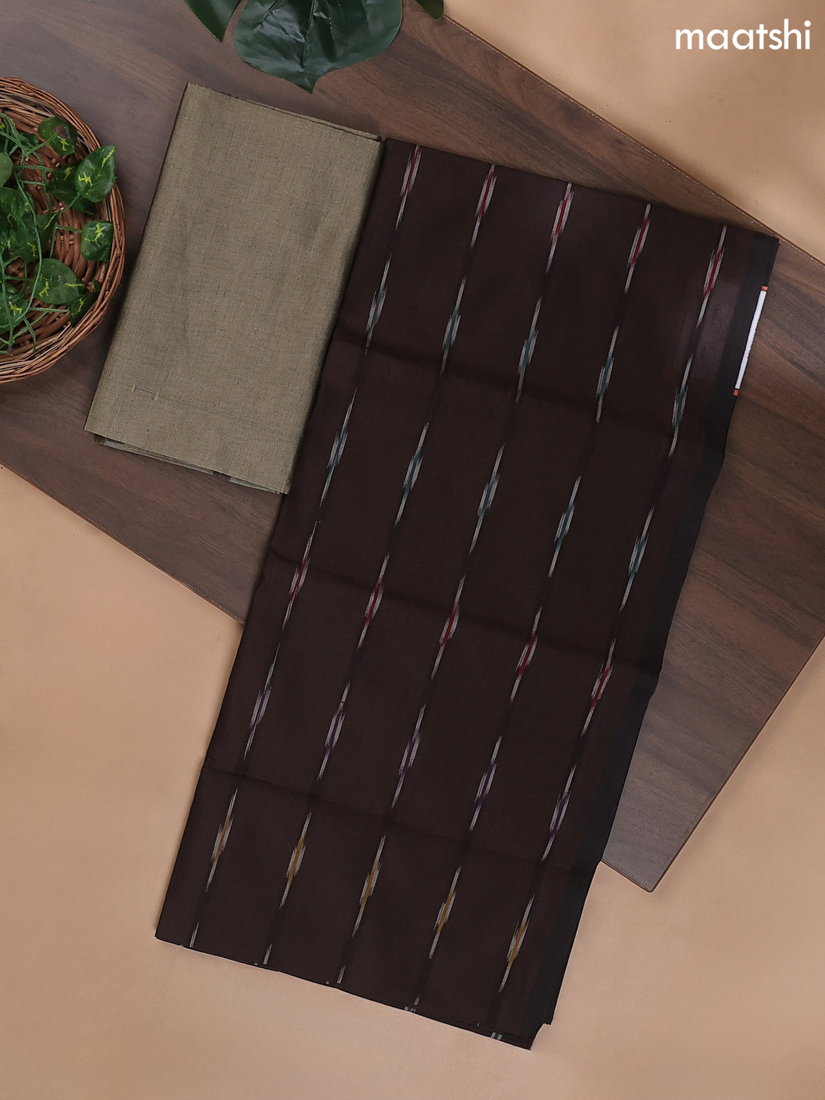 Deep Coffee Brown and Dark Beige Ikat Dress Material With Ikat Weaves