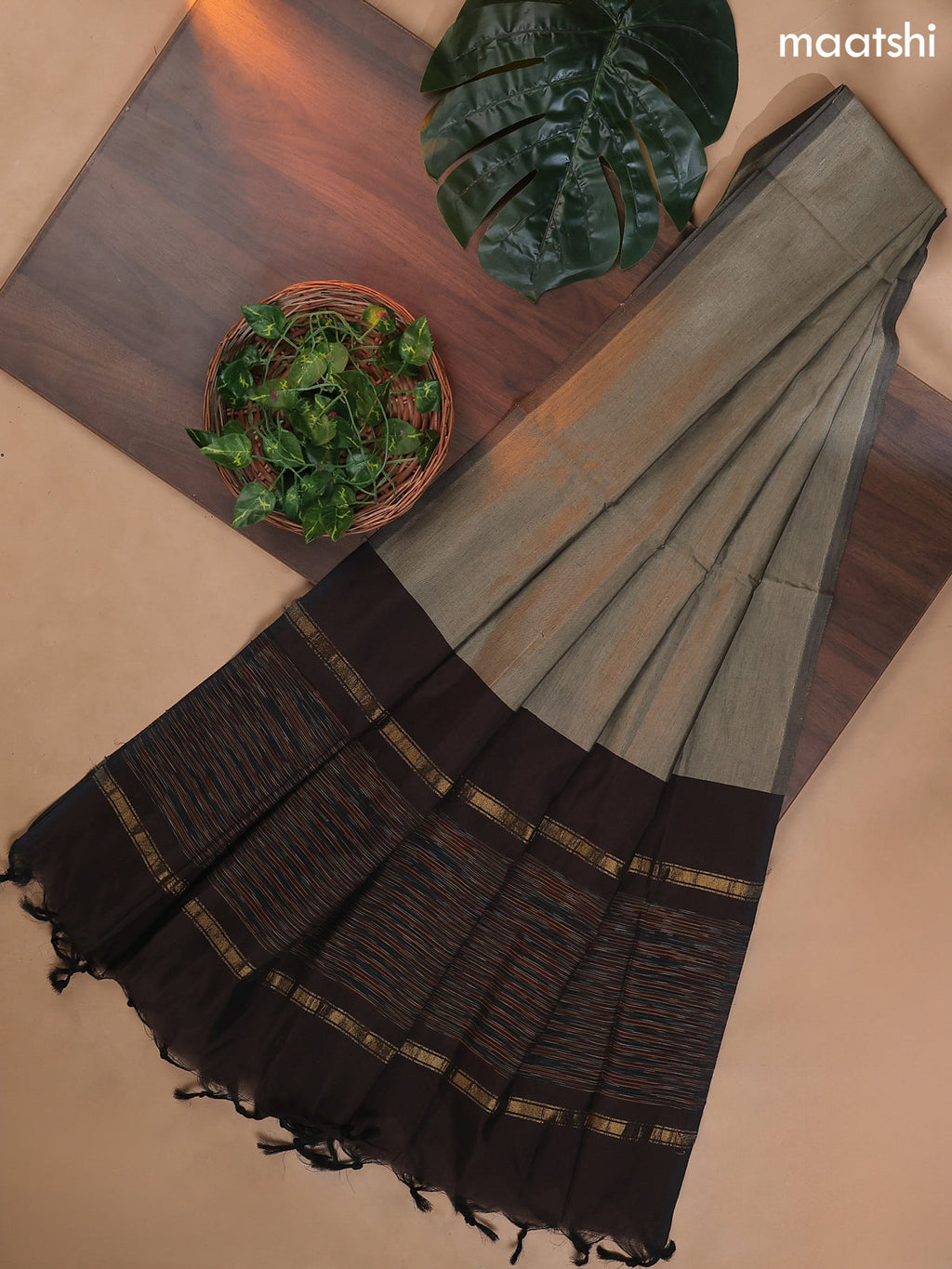 Deep Coffee Brown and Dark Beige Ikat Dress Material With Ikat Weaves