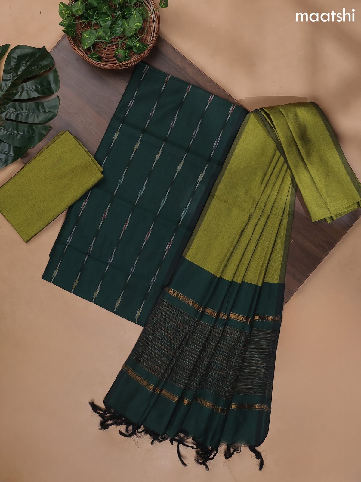 Dark Green and Mehendi Green Ikat Dress Material With Ikat Weaves