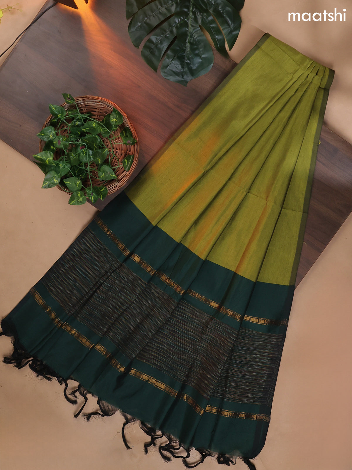 Dark Green and Mehendi Green Ikat Dress Material With Ikat Weaves