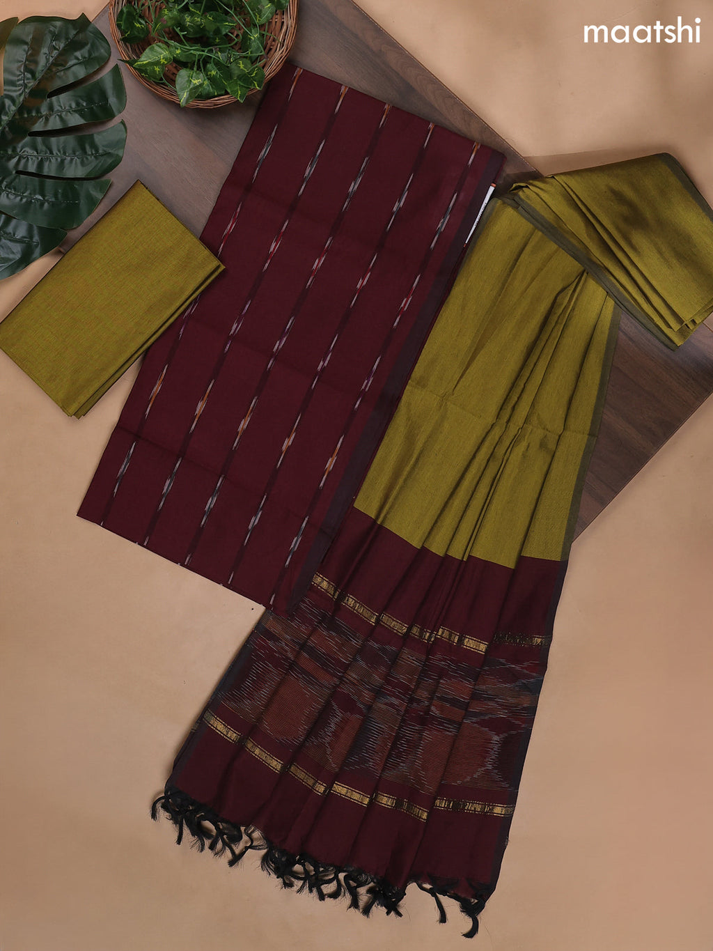 Deep Maroon and Mehendi Green Ikat Dress Material With Ikat Weaves