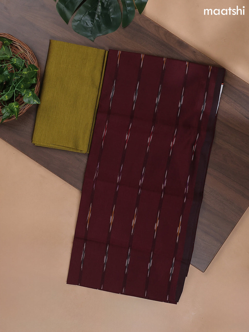 Deep Maroon and Mehendi Green Ikat Dress Material With Ikat Weaves