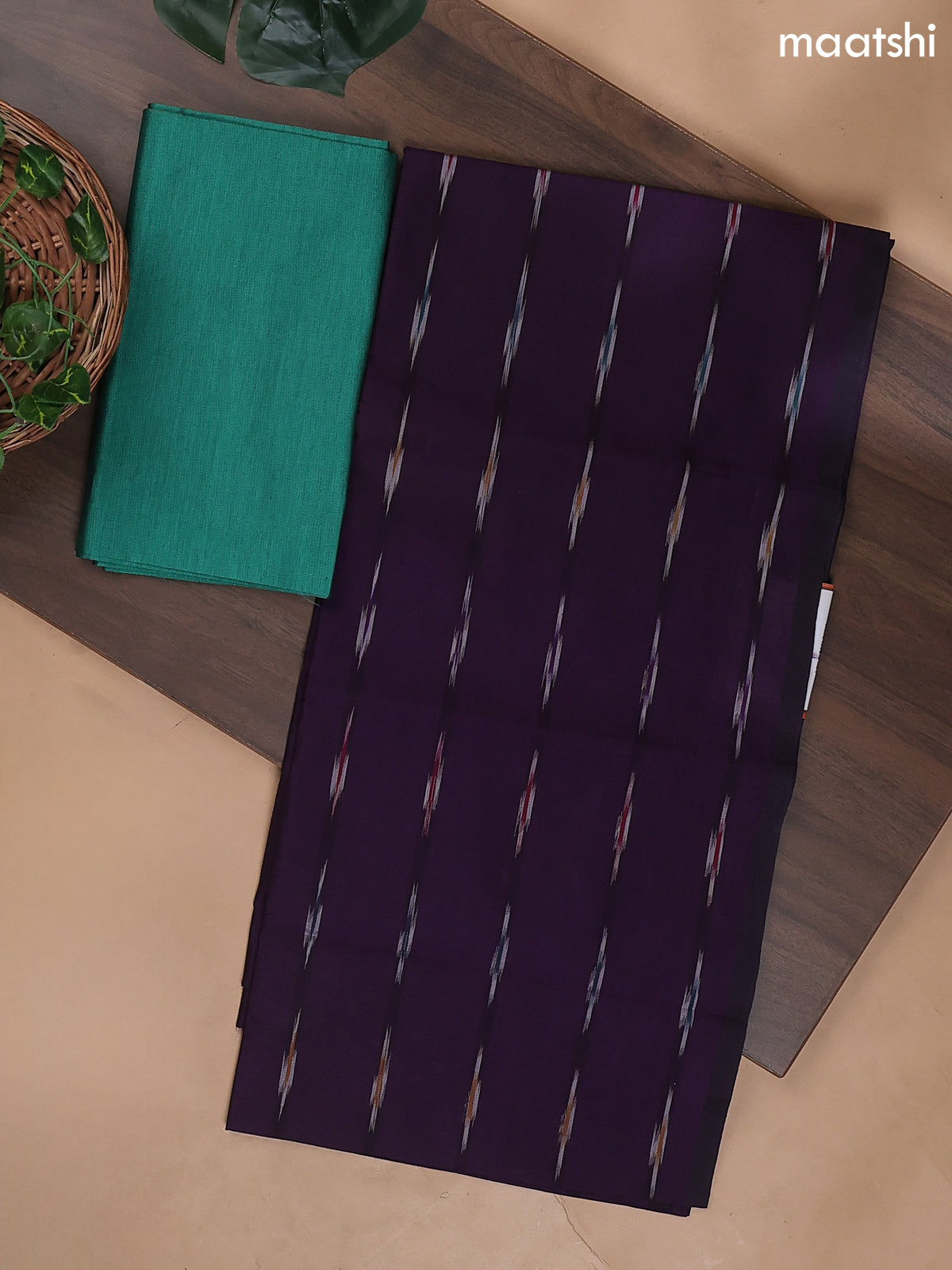 Deep Purple and Teal Green Ikat Dress Material With Ikat Weaves