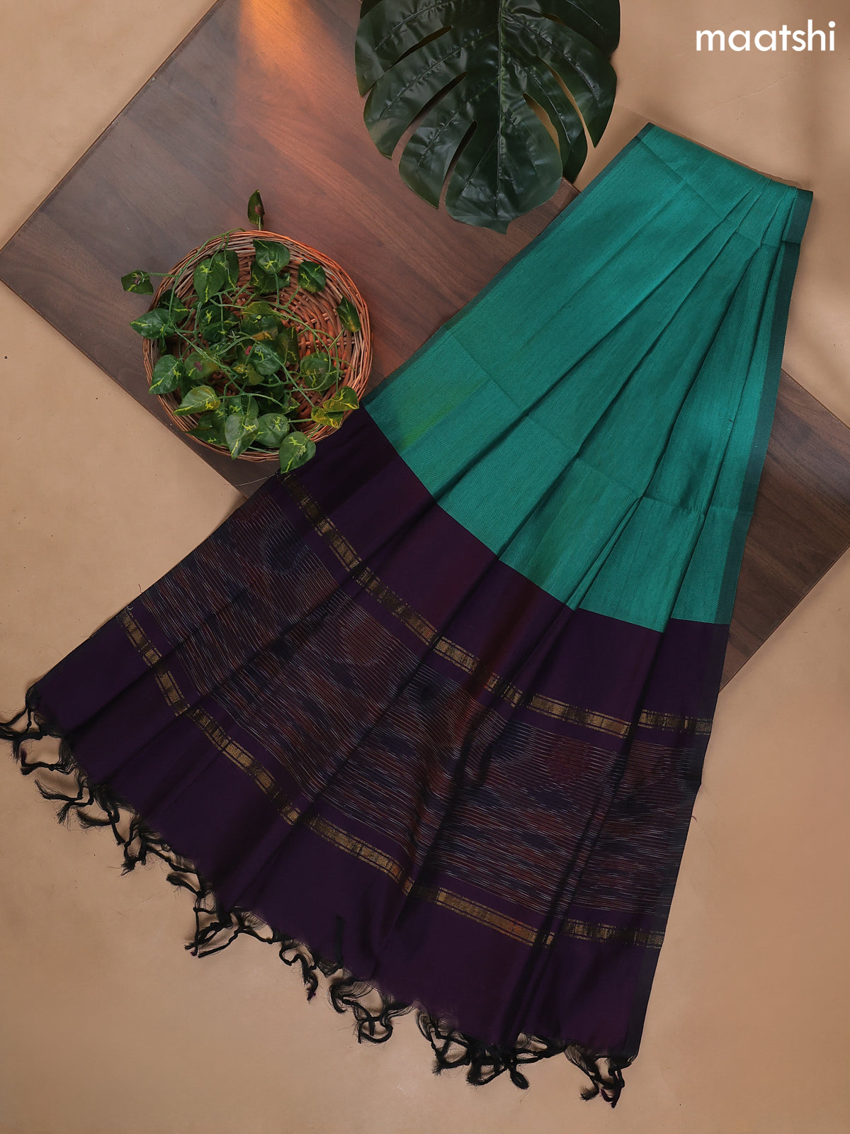 Deep Purple and Teal Green Ikat Dress Material With Ikat Weaves