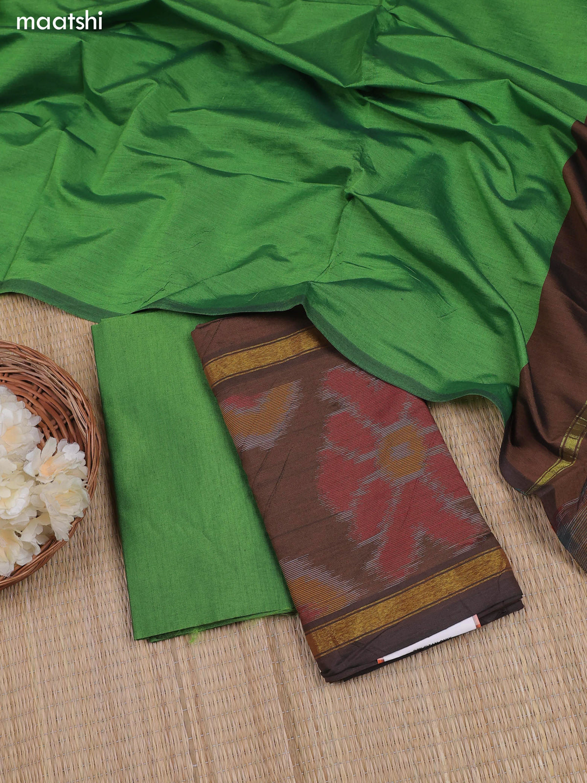 Brown Ikat Dress Material With Ikat Weaves and Bottom & Dupatta