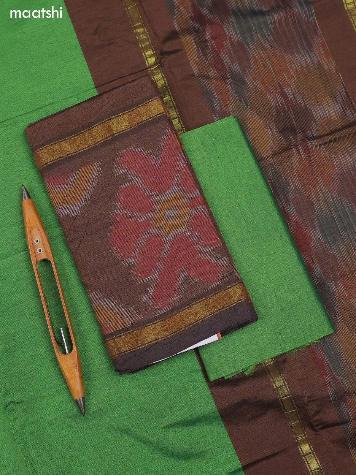 Brown Ikat Dress Material With Ikat Weaves and Bottom & Dupatta