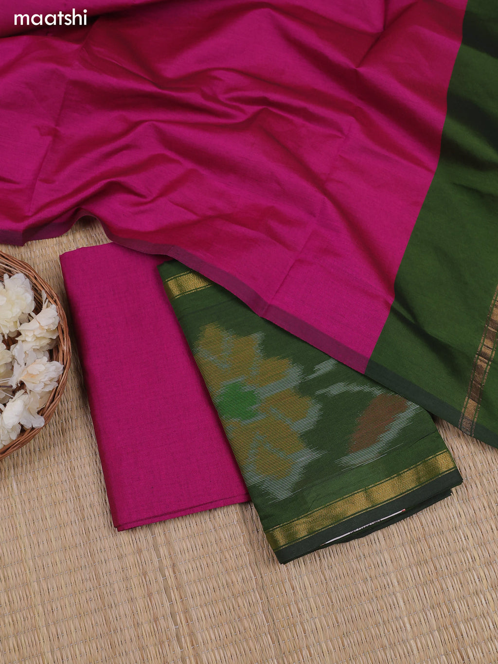 Sap Green Ikat Dress Material With Ikat Weaves and Bottom & Dupatta
