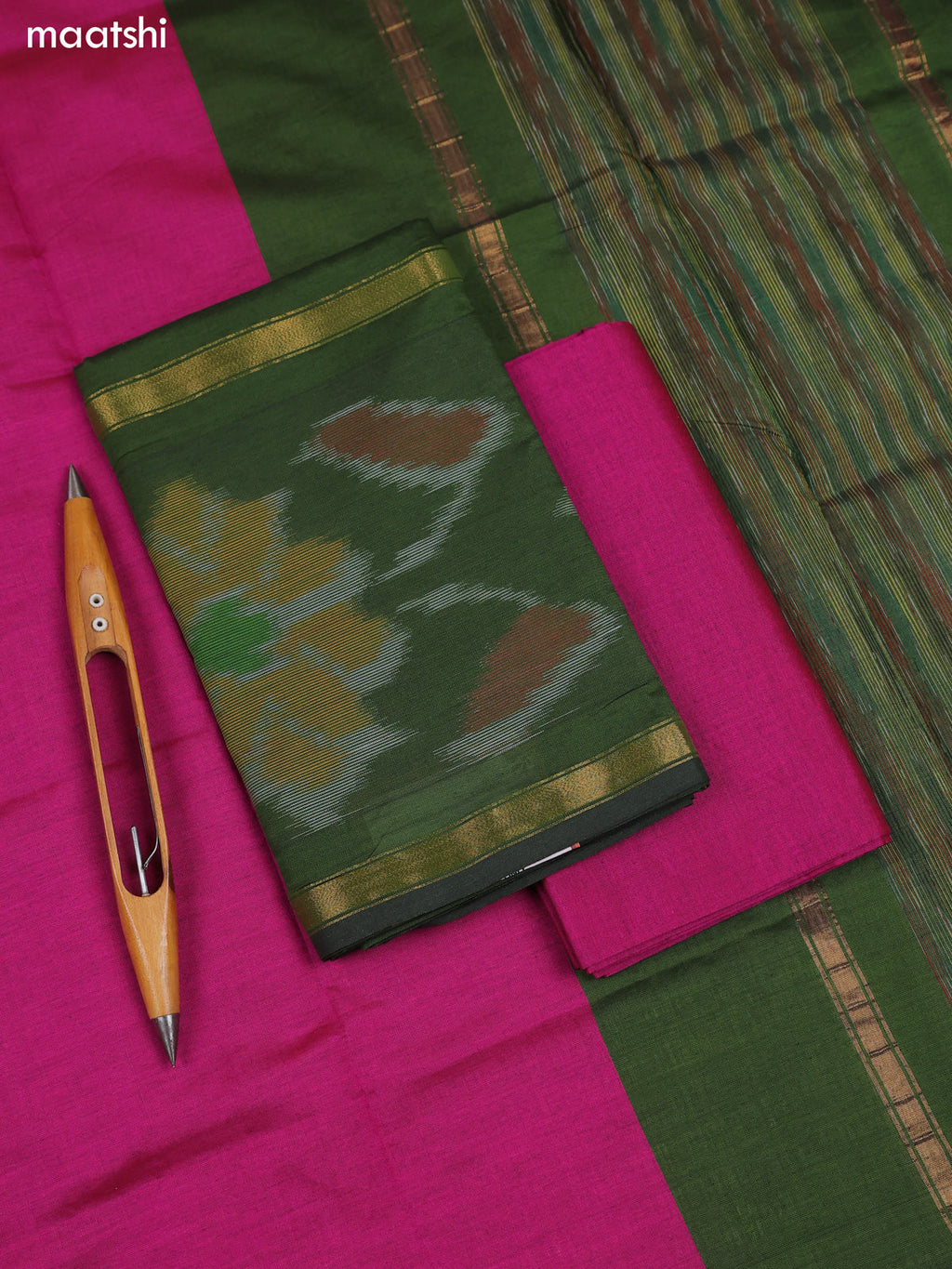 Sap Green Ikat Dress Material With Ikat Weaves and Bottom & Dupatta