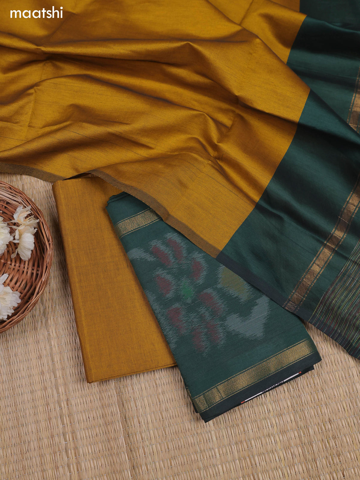 Sap Green Ikat Dress Material With Ikat Weaves and Bottom & Dupatta