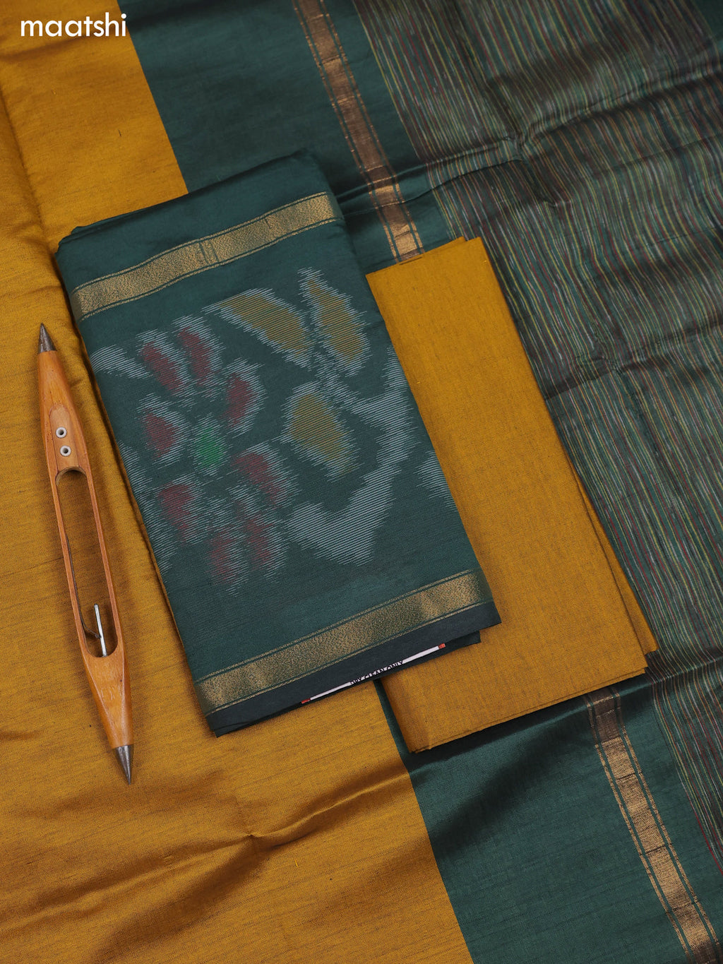Sap Green Ikat Dress Material With Ikat Weaves and Bottom & Dupatta