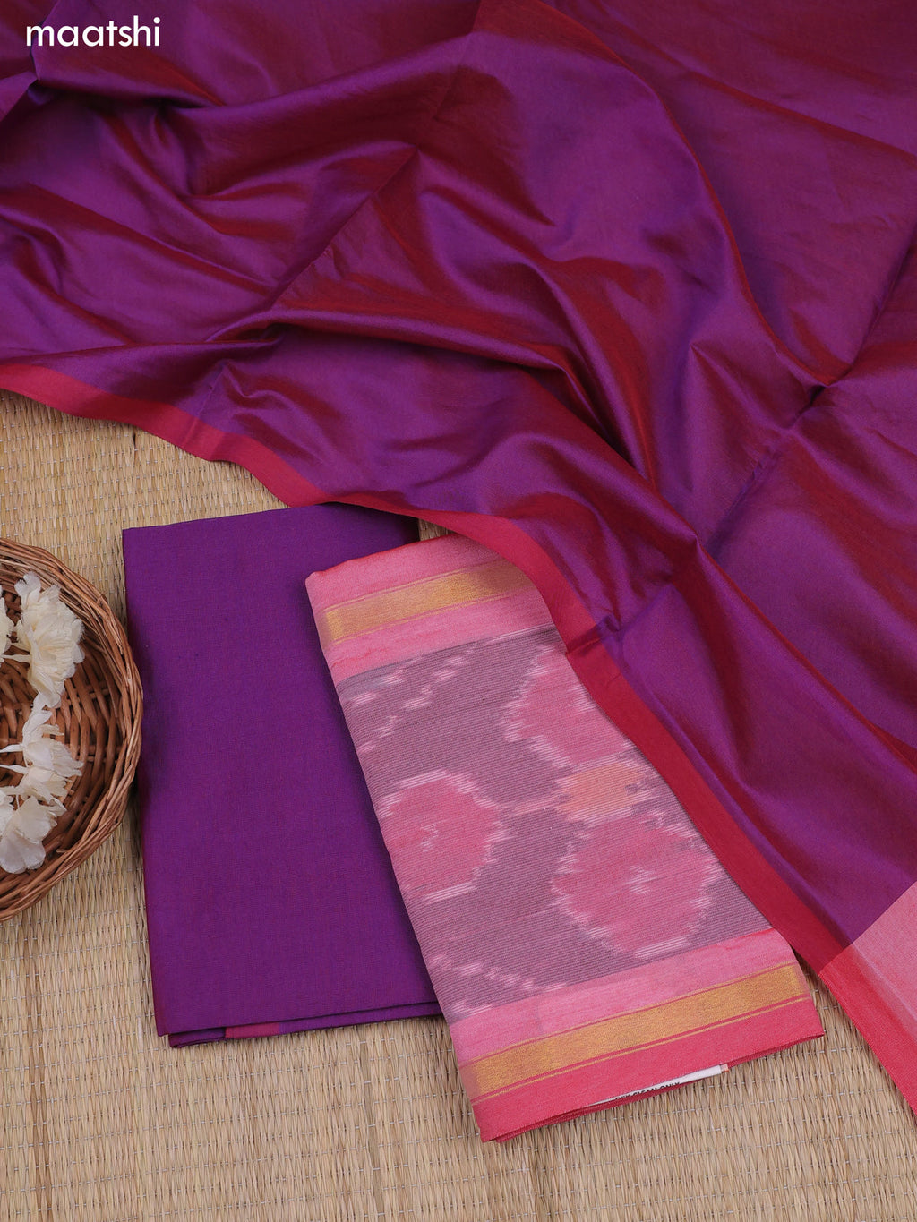 Baby Pink Ikat Dress Material With Ikat Weaves and Bottom & Dupatta