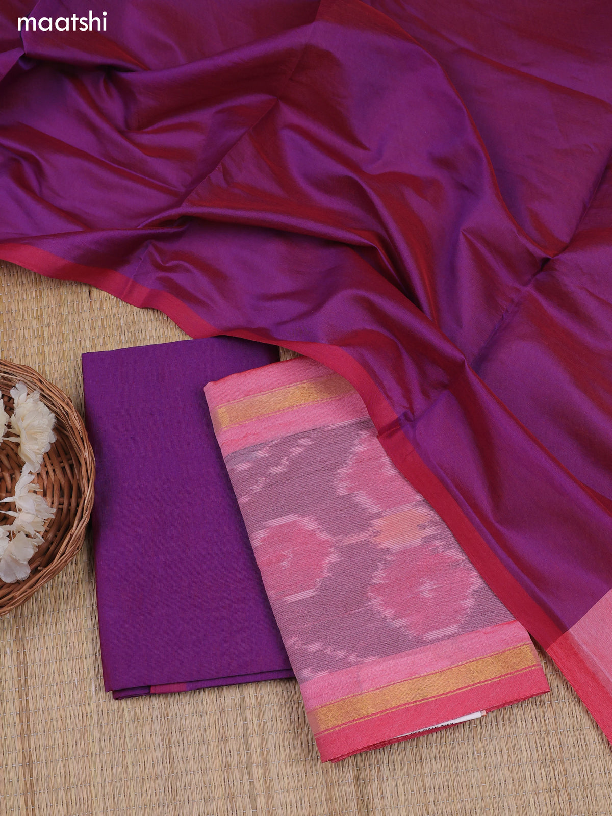 Baby Pink Ikat Dress Material With Ikat Weaves and Bottom & Dupatta