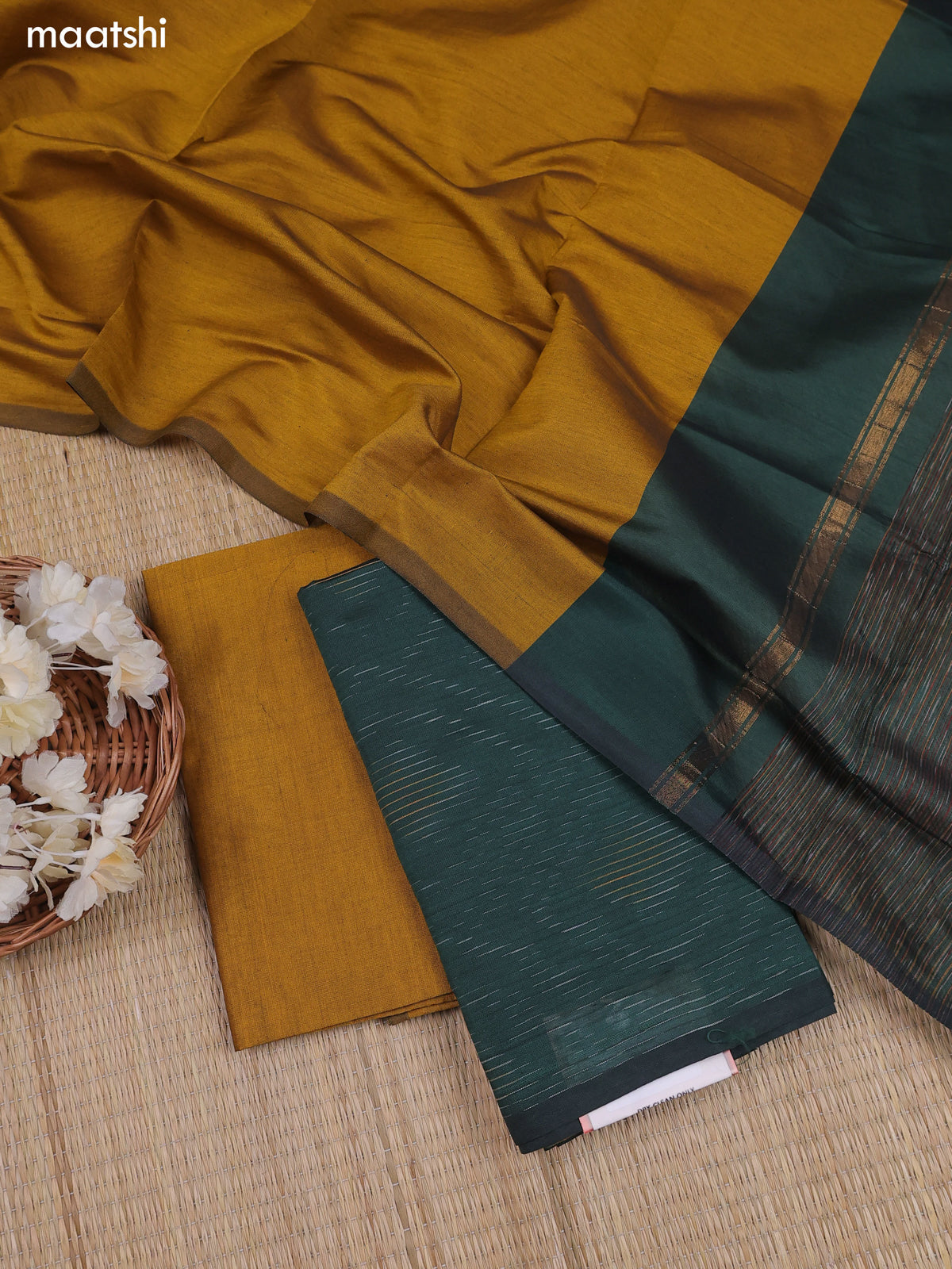 Sap Green Ikat Dress Material With Ikat Weaves and Bottom & Dupatta