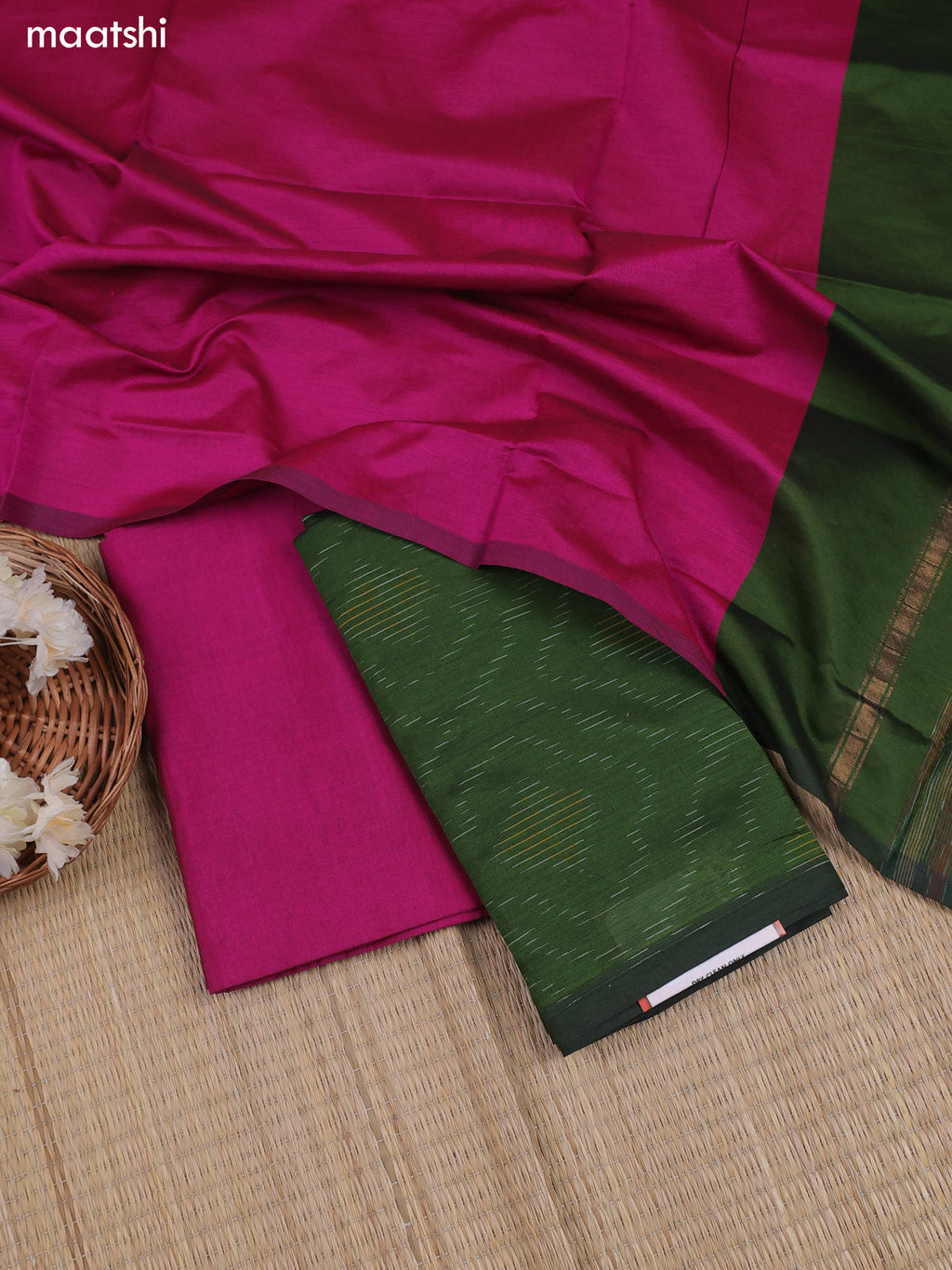 Green Ikat Dress Material With Ikat Weaves and Bottom & Dupatta