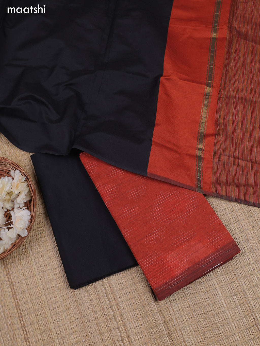 Rust Orange and Black Ikat Dress Material With Ikat Weaves and Bottom & Dupatta