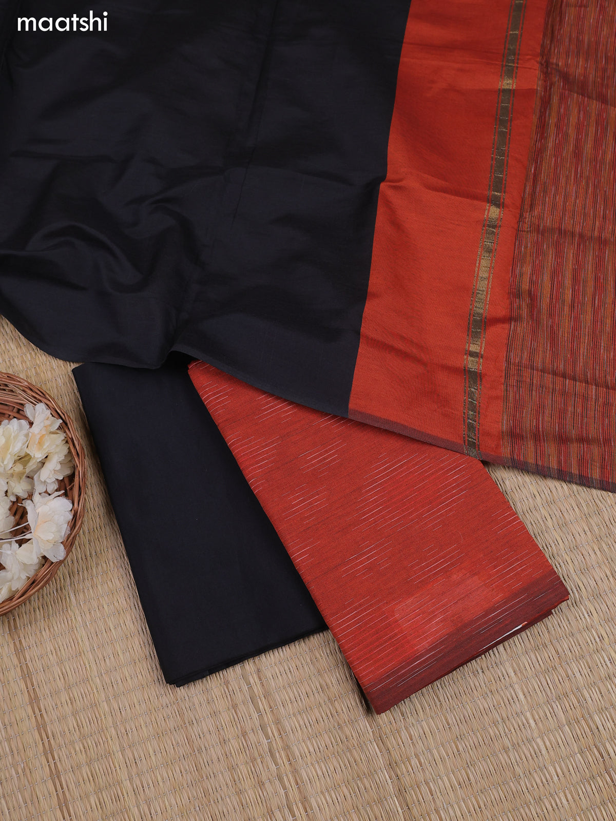 Rust Orange and Black Ikat Dress Material With Ikat Weaves and Bottom & Dupatta