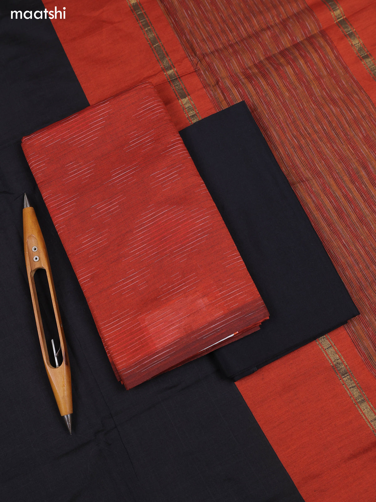 Rust Orange and Black Ikat Dress Material With Ikat Weaves and Bottom & Dupatta