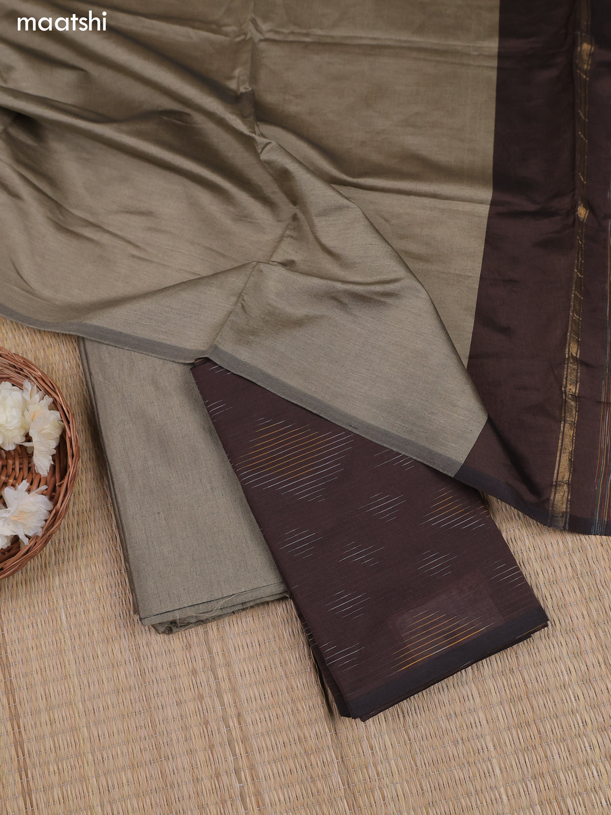 Brown and Black Ikat Dress Material With Ikat Weaves and Bottom & Dupatta