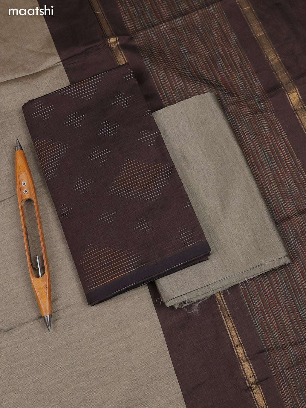 Brown and Black Ikat Dress Material With Ikat Weaves and Bottom & Dupatta