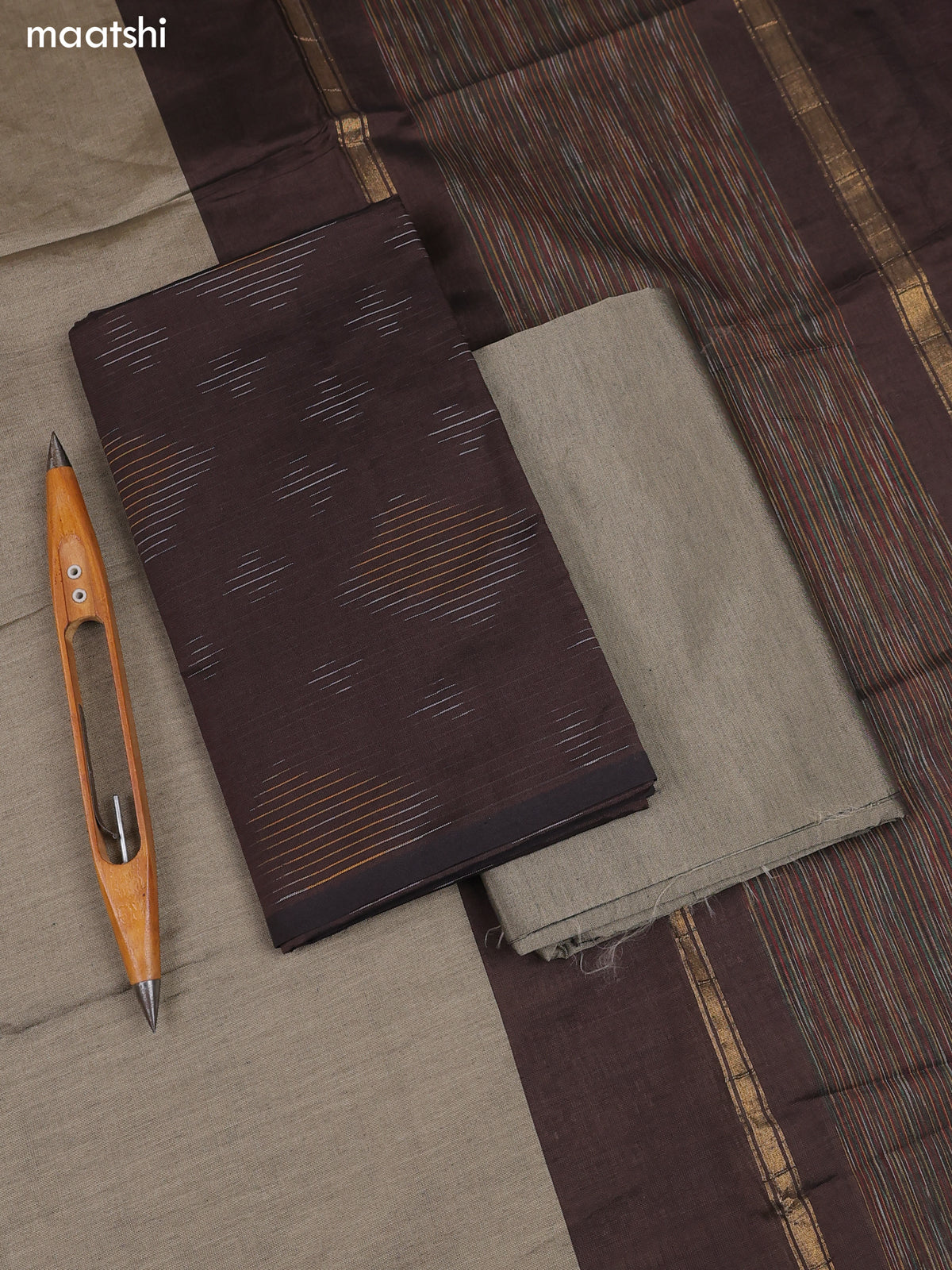 Brown and Black Ikat Dress Material With Ikat Weaves and Bottom & Dupatta