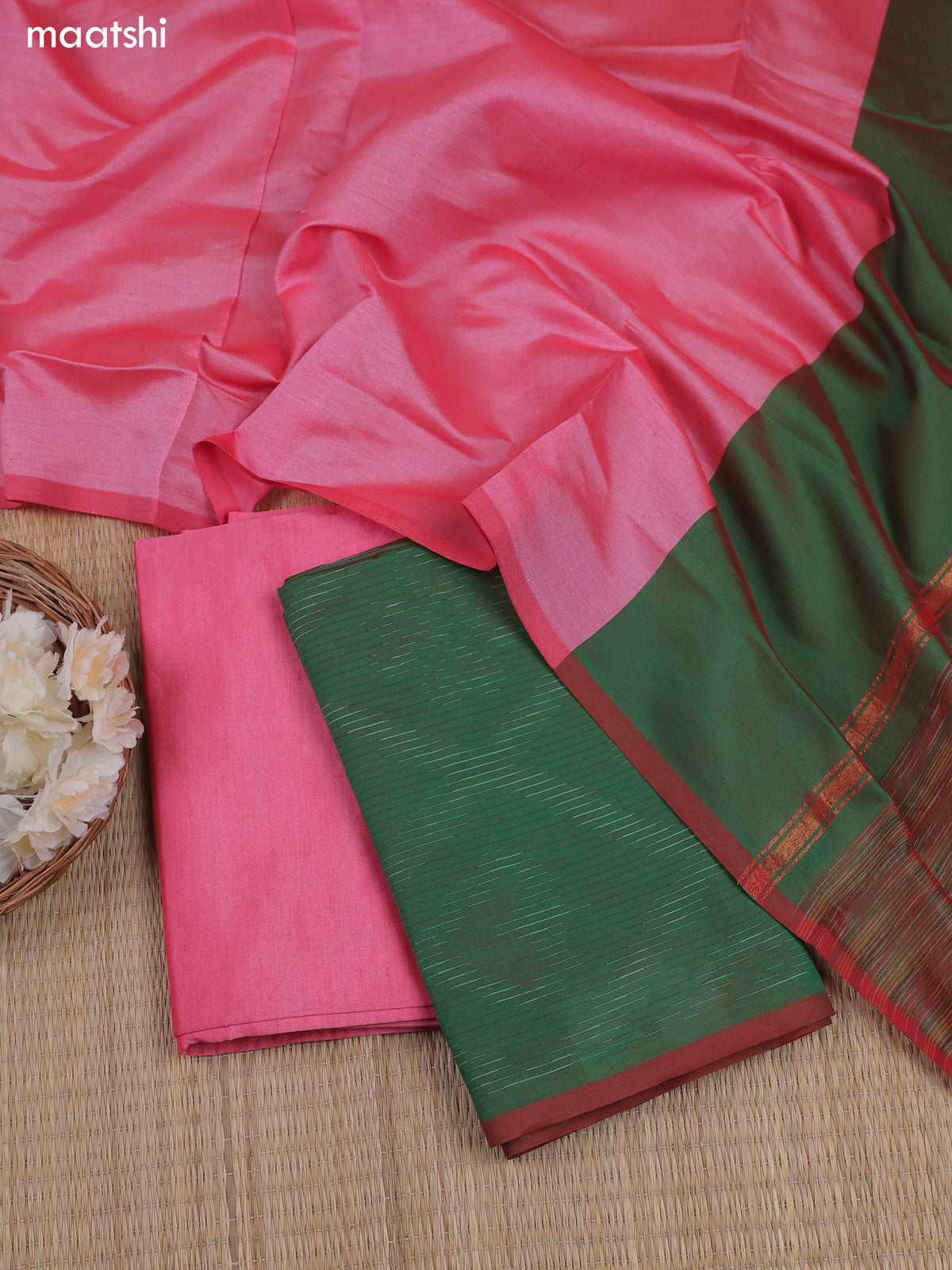 Green Ikat Dress Material With Ikat Weaves and Bottom & Dupatta