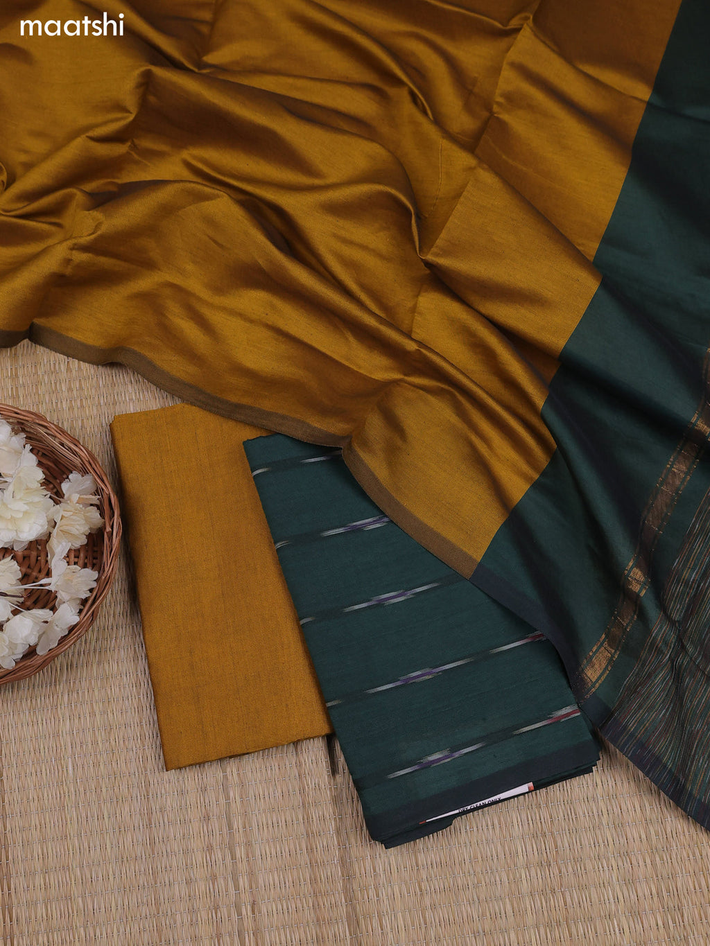 Sap Green Ikat Dress Material With Ikat Weaves and Bottom & Dupatta