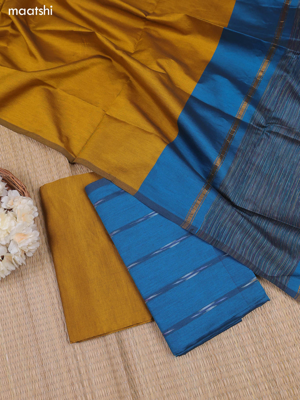 Teal Blue Ikat Dress Material With Ikat Weaves and Bottom & Dupatta