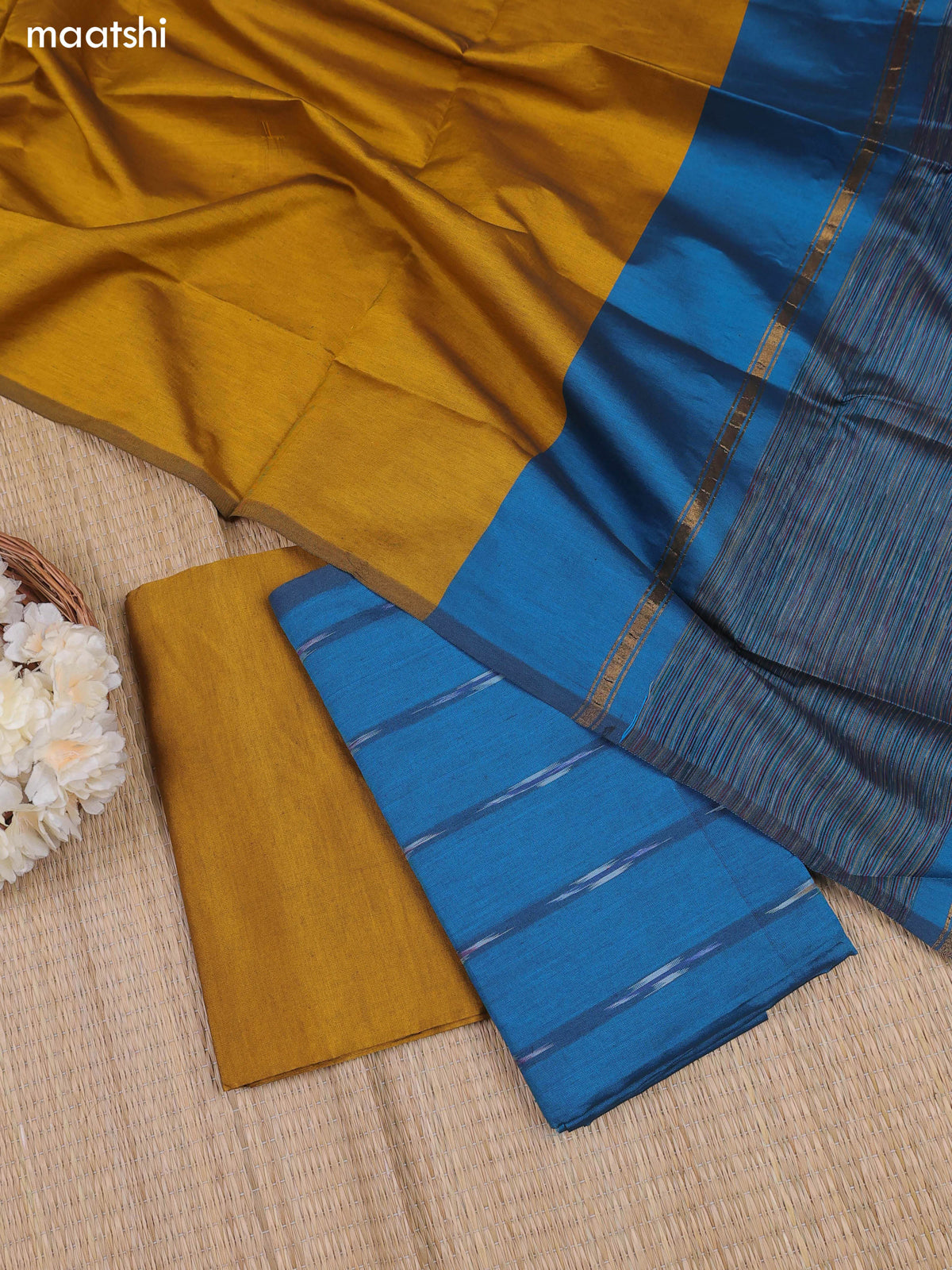 Teal Blue Ikat Dress Material With Ikat Weaves and Bottom & Dupatta