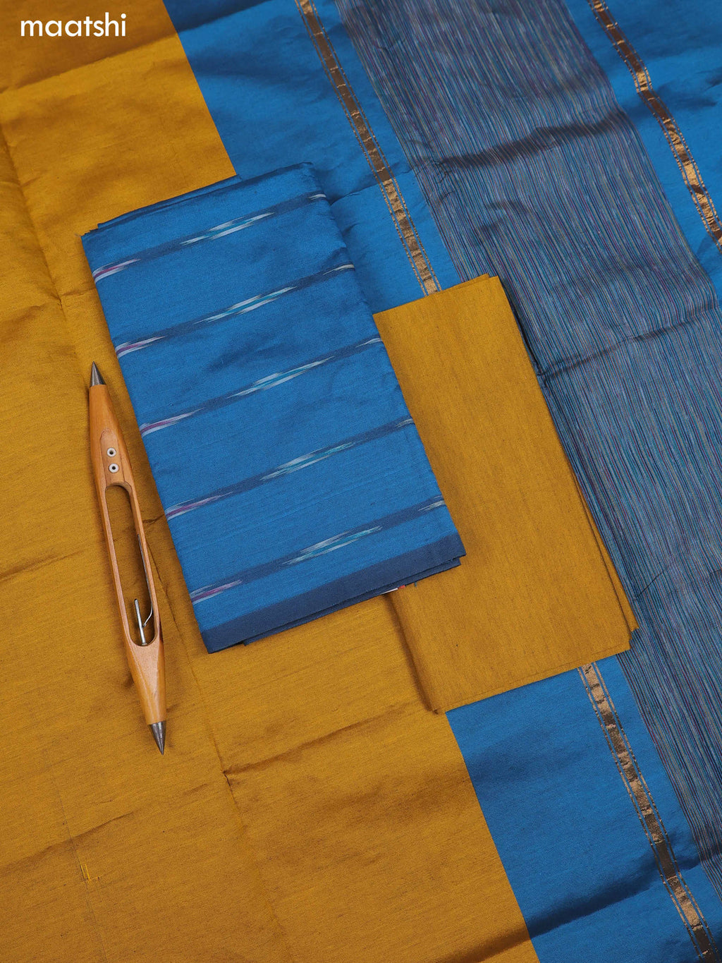Teal Blue Ikat Dress Material With Ikat Weaves and Bottom & Dupatta