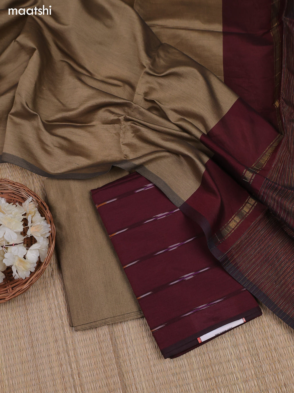 Brown Ikat Dress Material With Ikat Weaves and Bottom & Dupatta