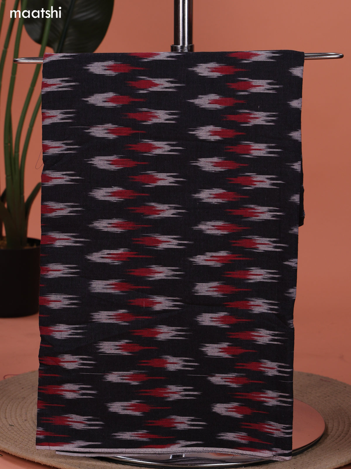 Black and Red Ikat Cotton Dress Material With Ikat Weaves and Bottom & Dupatta