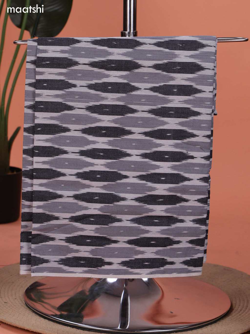 Grey and Black Ikat Cotton Dress Material With Ikat Weaves and Bottom & Dupatta