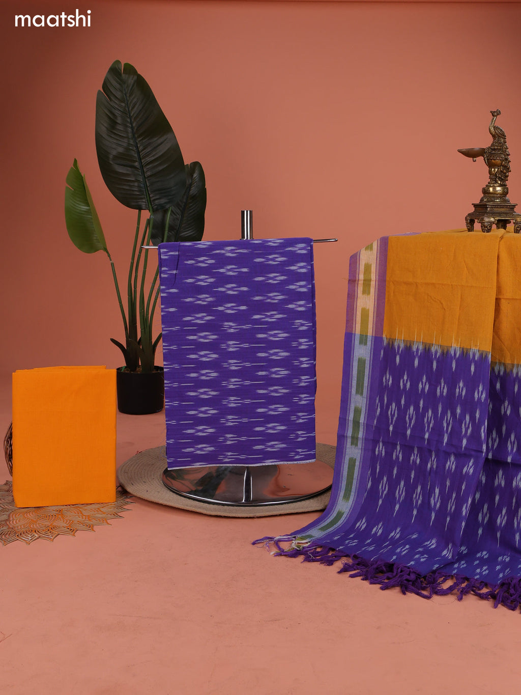 Blue and Mango Yellow Ikat Cotton Dress Material With Ikat Weaves and Bottom & Dupatta