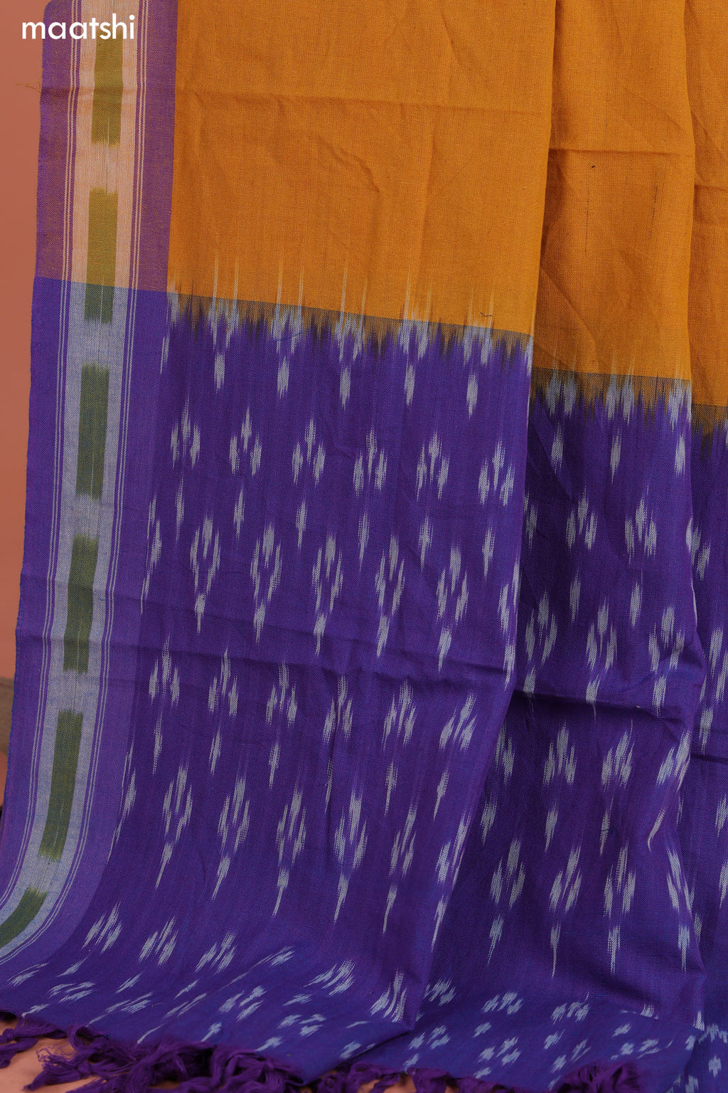 Blue and Mango Yellow Ikat Cotton Dress Material With Ikat Weaves and Bottom & Dupatta