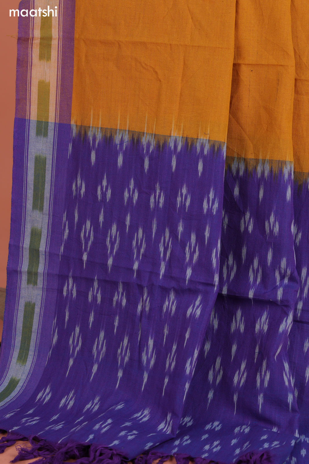 Blue and Mango Yellow Ikat Cotton Dress Material With Ikat Weaves and Bottom & Dupatta
