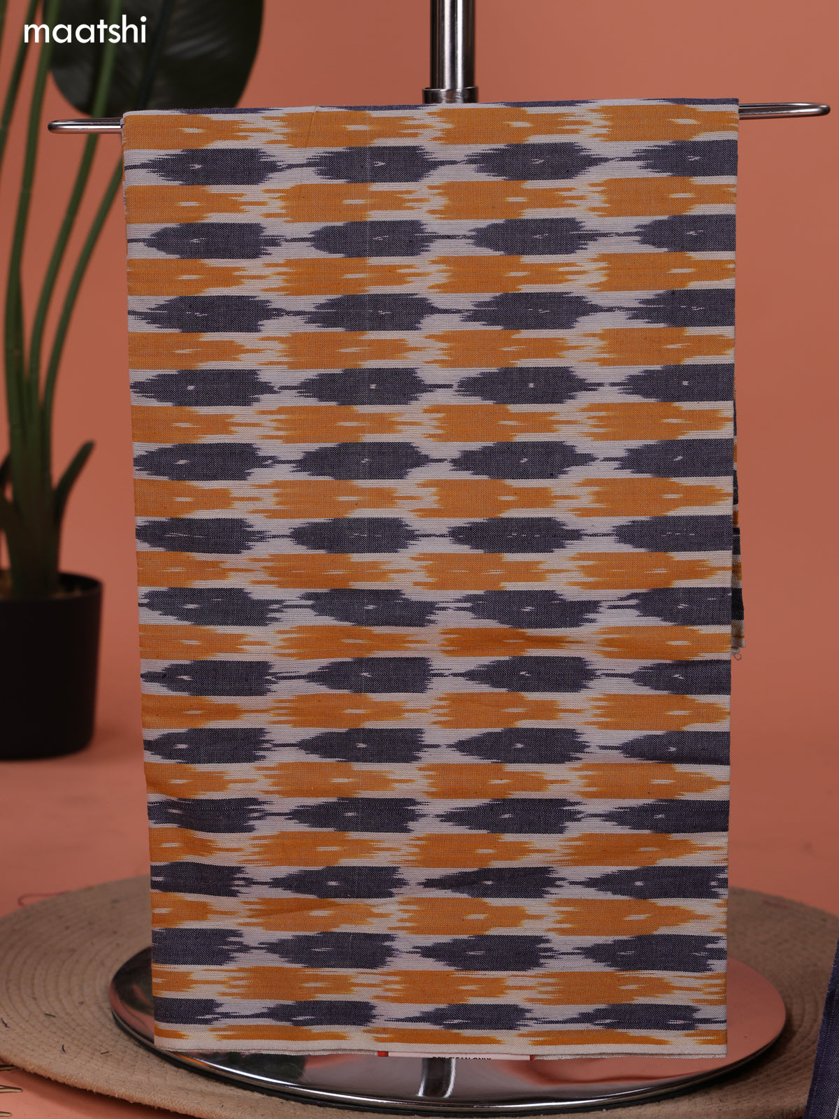 Off White and Grey&Orange Ikat Cotton Dress Material With Ikat Weaves and Bottom & Dupatta