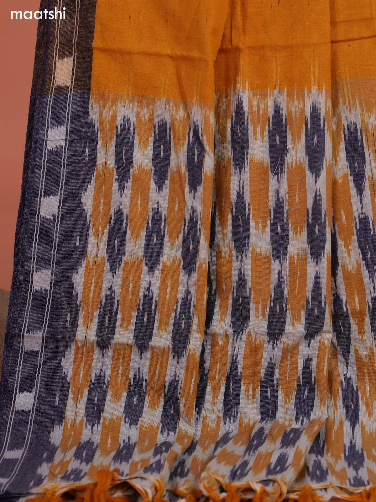 Off White and Grey&Orange Ikat Cotton Dress Material With Ikat Weaves and Bottom & Dupatta