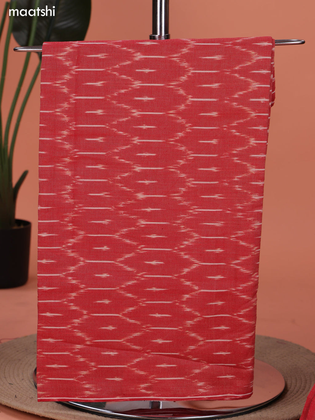 Red and Black Ikat Cotton Dress Material With Ikat Weaves and Bottom & Dupatta
