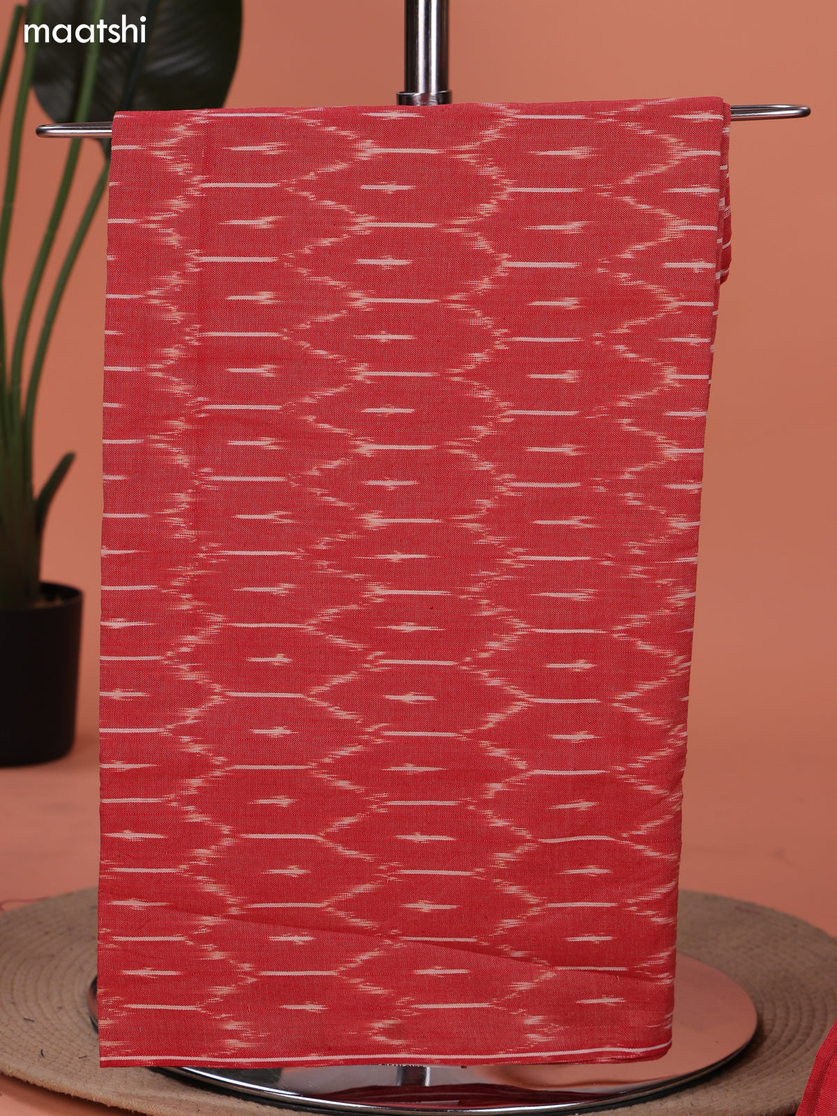 Red and Black Ikat Cotton Dress Material With Ikat Weaves and Bottom & Dupatta