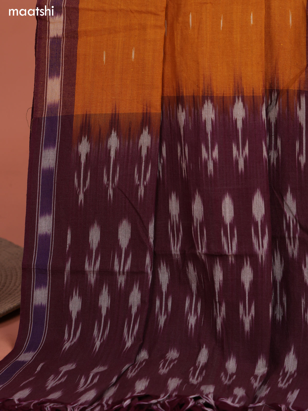 Dark Purple and Mango Yellow Ikat Cotton Dress Material With Ikat Weaves and Bottom & Dupatta