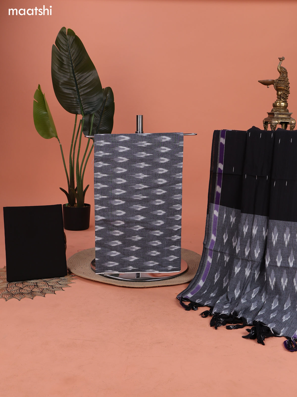 Grey and Black Ikat Cotton Dress Material With Ikat Weaves and Bottom & Dupatta