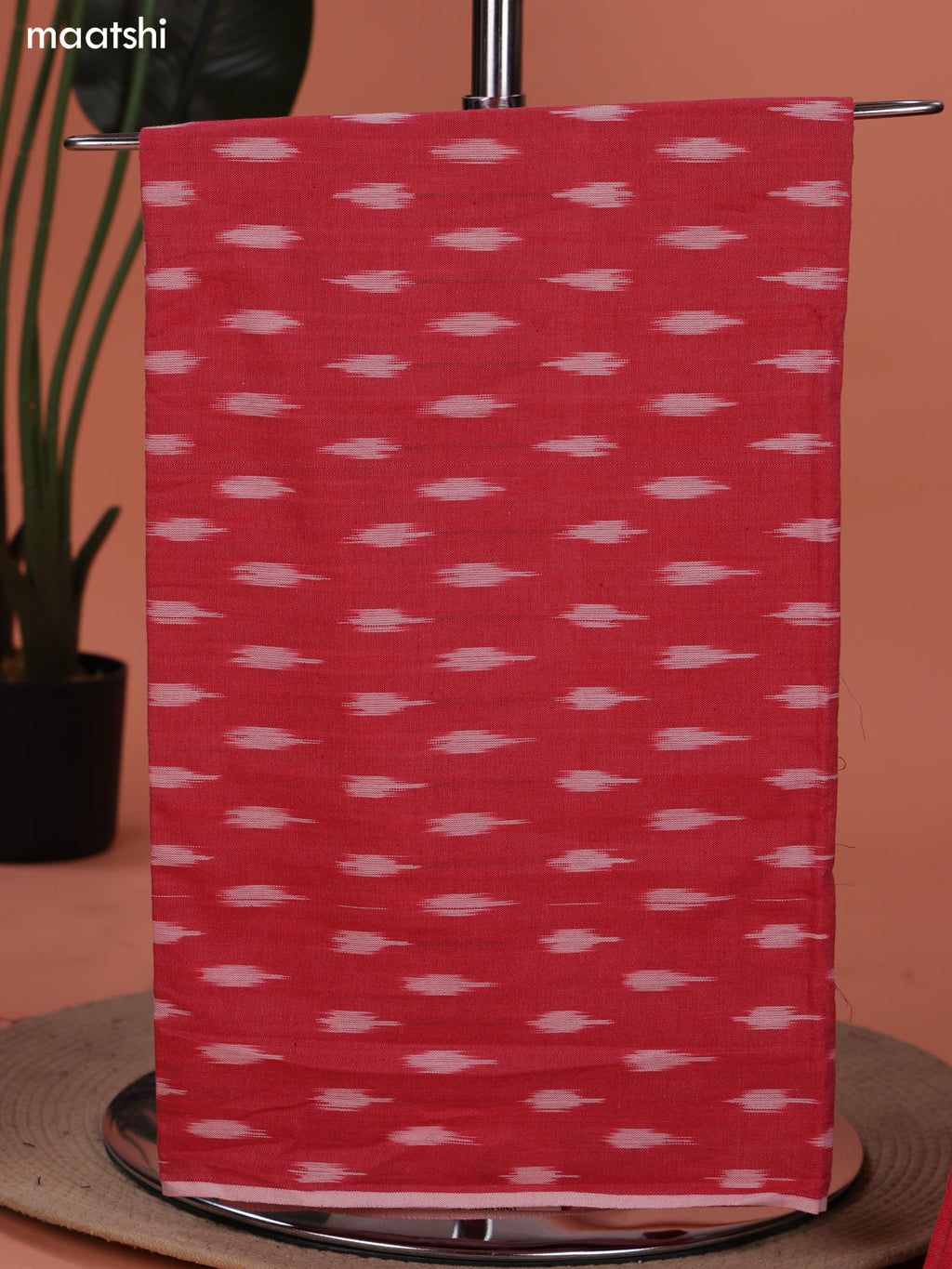 Reddish Pink and Black Ikat Cotton Dress Material With Ikat Weaves and Bottom & Dupatta