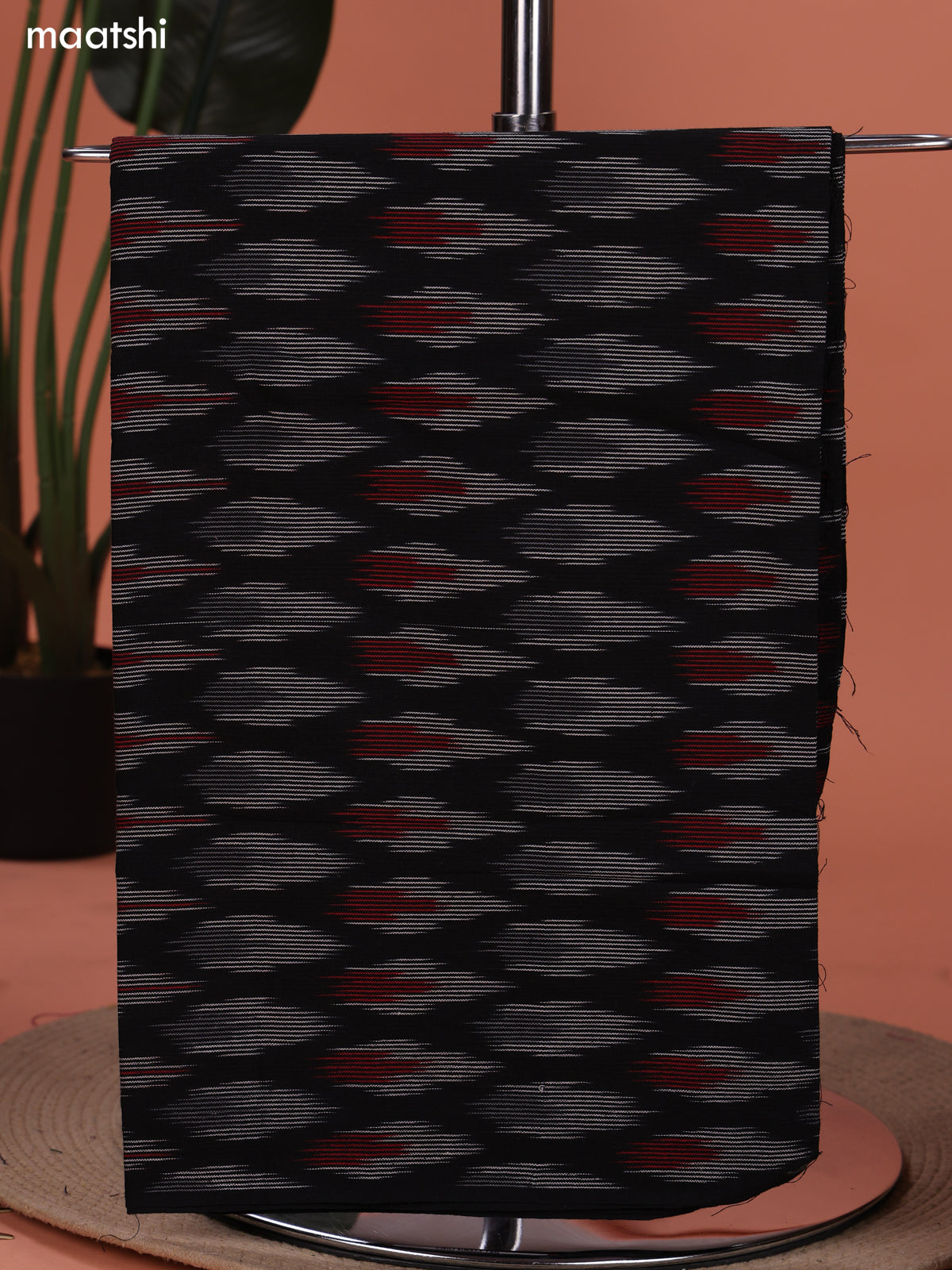 Black and Maroon Ikat Cotton Dress Material With Ikat Weaves and Bottom & Dupatta