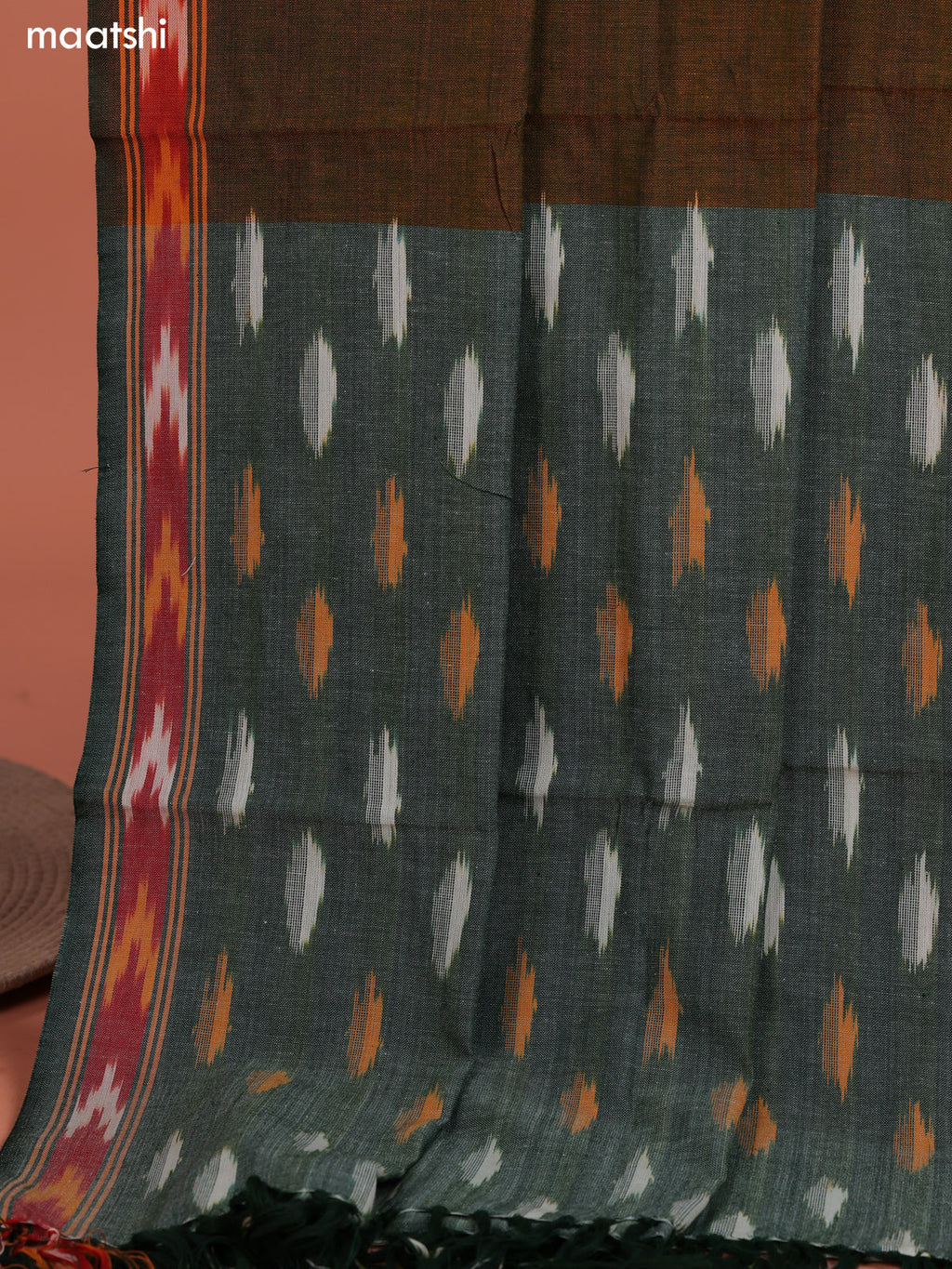 Green and Mehendi Green Ikat Cotton Dress Material With Ikat Weaves and Bottom & Dupatta