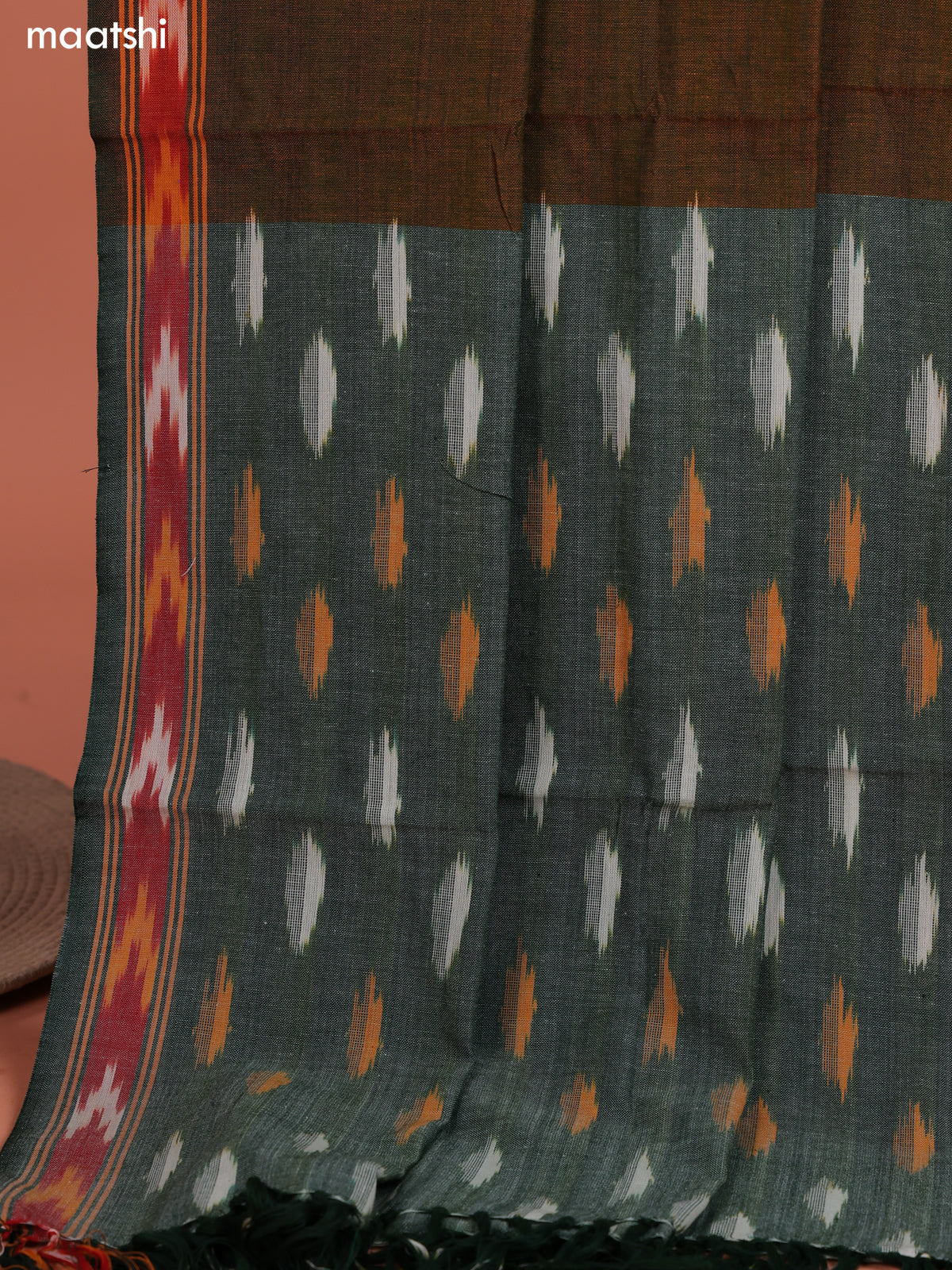 Green and Mehendi Green Ikat Cotton Dress Material With Ikat Weaves and Bottom & Dupatta