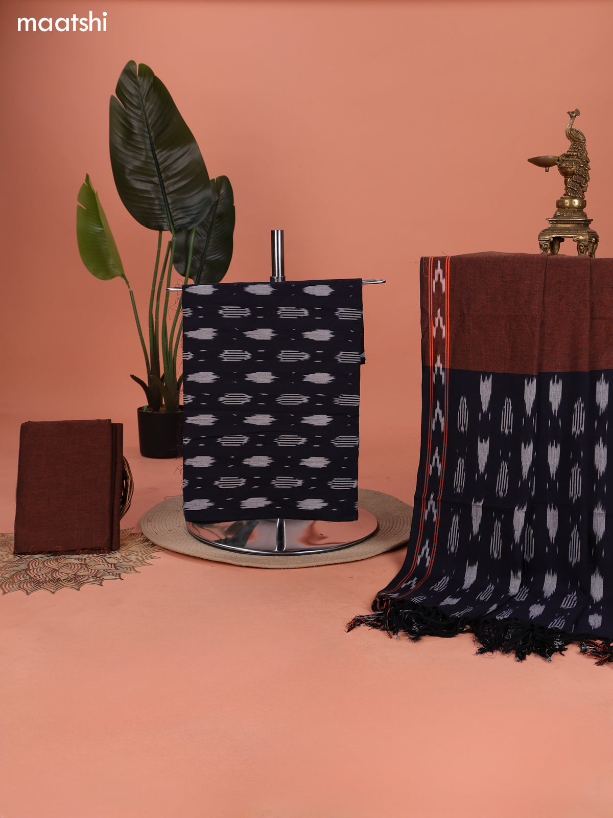 Navy Blue and Brown Ikat Cotton Dress Material With Ikat Weaves and Bottom & Dupatta